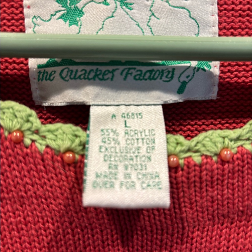 Quacker Factory Coral Knit Sweater with Green Trim and pretty beaded pelicans. L